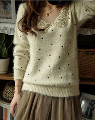 日系甜美亮片娃娃領(lǐng)波點(diǎn)刺繡長(zhǎng)毛絨 針織衫女